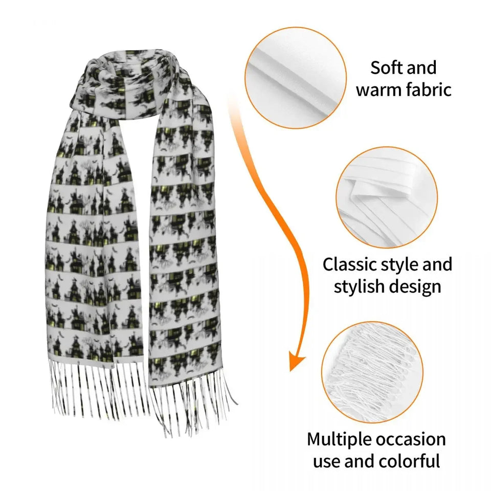 Halloween Haunted Mansion House Scarf Wrap Women Long Winter Fall Warm Tassel Shawl Unisex Ghost Fashion Versatile Scarves - www.sixcolors.us
