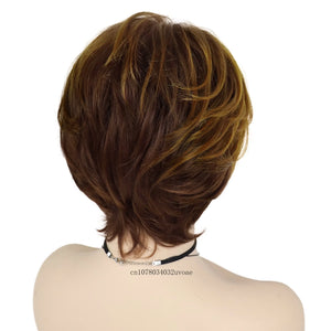 Synthetic Women's Short Pixie Cut Wig Mix Brown Hair Natural Ladies Wig with Bangs Daily Stylish Mommy Wig Cosplay Halloween - www.sixcolors.us