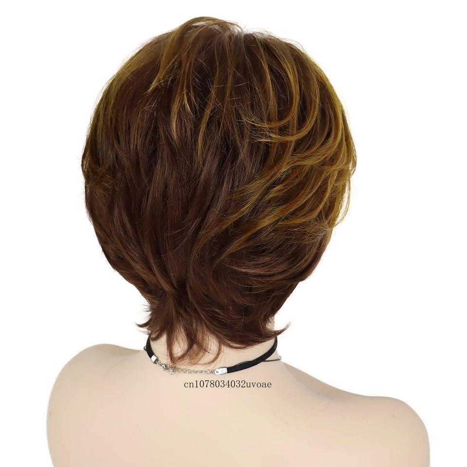 Synthetic Women's Short Pixie Cut Wig Mix Brown Hair Natural Ladies Wig with Bangs Daily Stylish Mommy Wig Cosplay Halloween - www.sixcolors.us