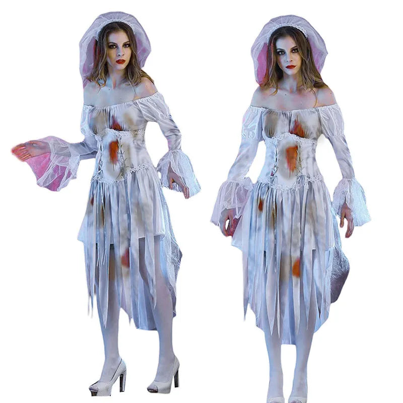 Halloween Cosplay Terrorist Bride Costumes for Women Gothic Victorian Bloody Off Shoulder Long Sleeve Dress Outfits for Party - www.sixcolors.us