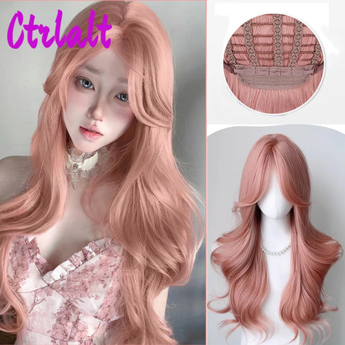 Long Wavy Pink Cosplay Synthetic Wigs Lolita Halloween With Bangs for Women Party Dailly Heat Resistant Wig - www.sixcolors.us
