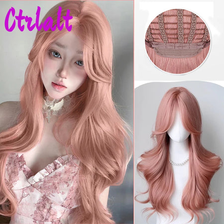Long Wavy Pink Cosplay Synthetic Wigs Lolita Halloween With Bangs for Women Party Dailly Heat Resistant Wig - www.sixcolors.us