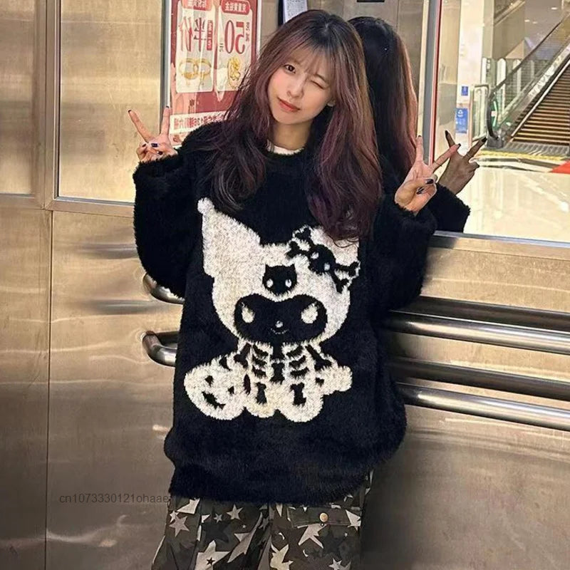Sanrio Kuromi Halloween Style Knitted Sweater Couple Autumn Winter New Loose Knitwear Skull Decoration Cartoon Clothing Y2k Tops - www.sixcolors.us