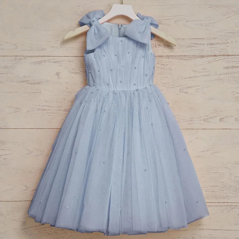 Baby Girl Princess Pearl Bow Dress Sleeveless Infant Toddler Girl Vintage Vestido Party Pageant Birthday Baby Clothes 1-12Y
