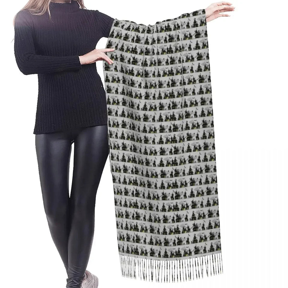 Halloween Haunted Mansion House Scarf Wrap Women Long Winter Fall Warm Tassel Shawl Unisex Ghost Fashion Versatile Scarves - www.sixcolors.us