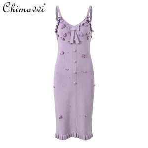 French 3D Flower Hot Diamond Fungus Edge Long-sleeved Knitted Cardigan Jacket Sexy Girl Slim Suspender Dress 2024 Autumn New