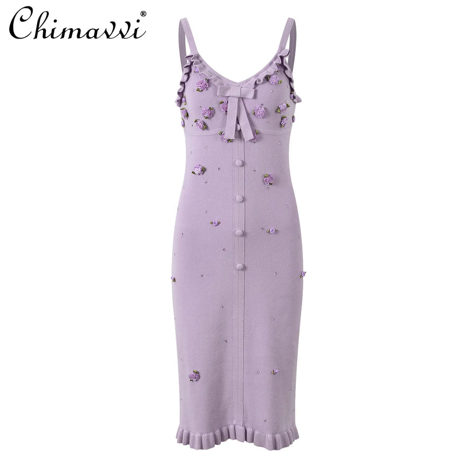 French 3D Flower Hot Diamond Fungus Edge Long-sleeved Knitted Cardigan Jacket Sexy Girl Slim Suspender Dress 2024 Autumn New