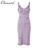 French 3D Flower Hot Diamond Fungus Edge Long-sleeved Knitted Cardigan Jacket Sexy Girl Slim Suspender Dress 2024 Autumn New
