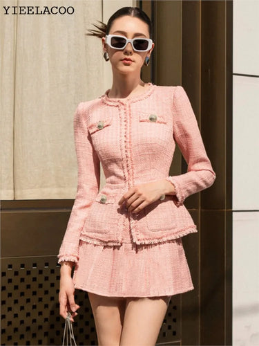 Pink Tweed jacket + Skirt Suit fashion slimming new Professional Set Women's Suit Autumn/Winter classic jacket 2-Piece Set