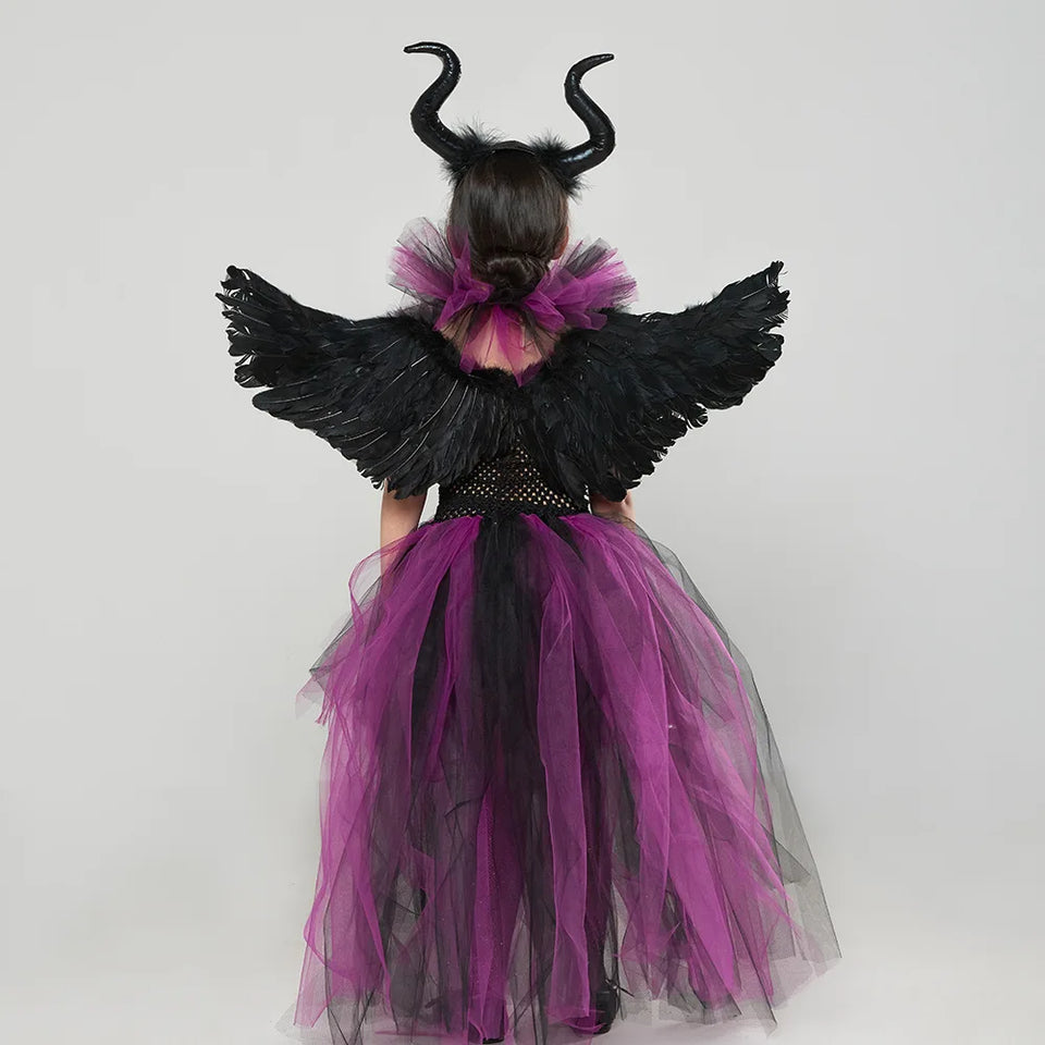 Disney Maleficent Costume Deluxe Girls Halloween Carnival Party Black Trailing Mesh Dress Kids Cosplay Demon Queen Witch Clothes - www.sixcolors.us