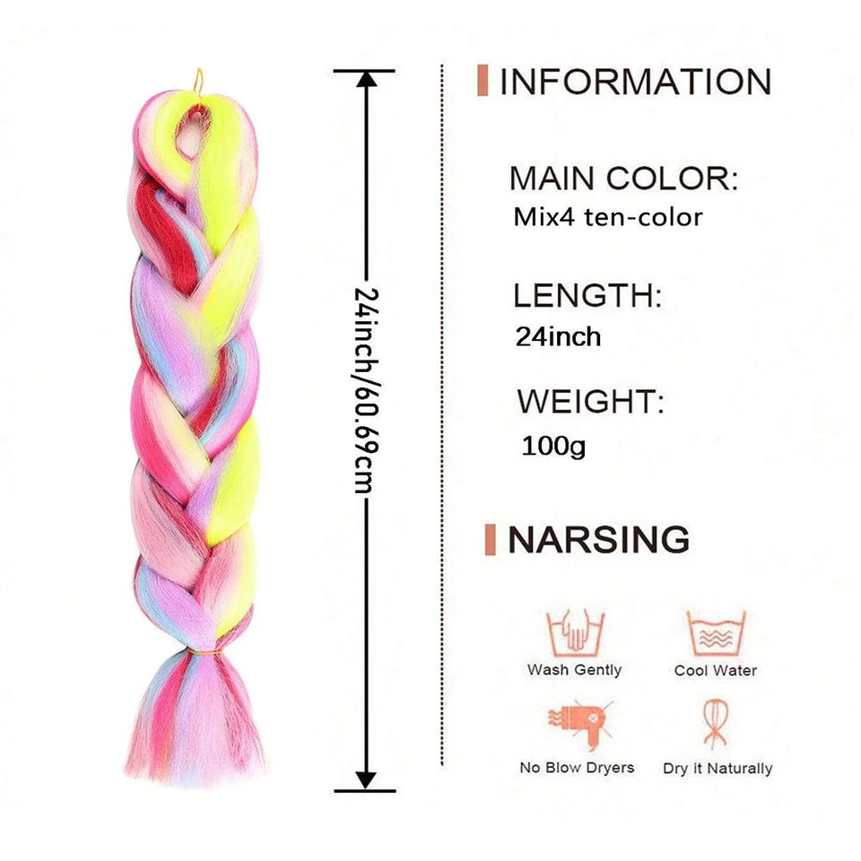 24inch Rainbow Mix Color Jumbo Braids Hair Extension Crochet Synthetic Braiding DIY Cosplay halloween party Girl women wig hair - www.sixcolors.us