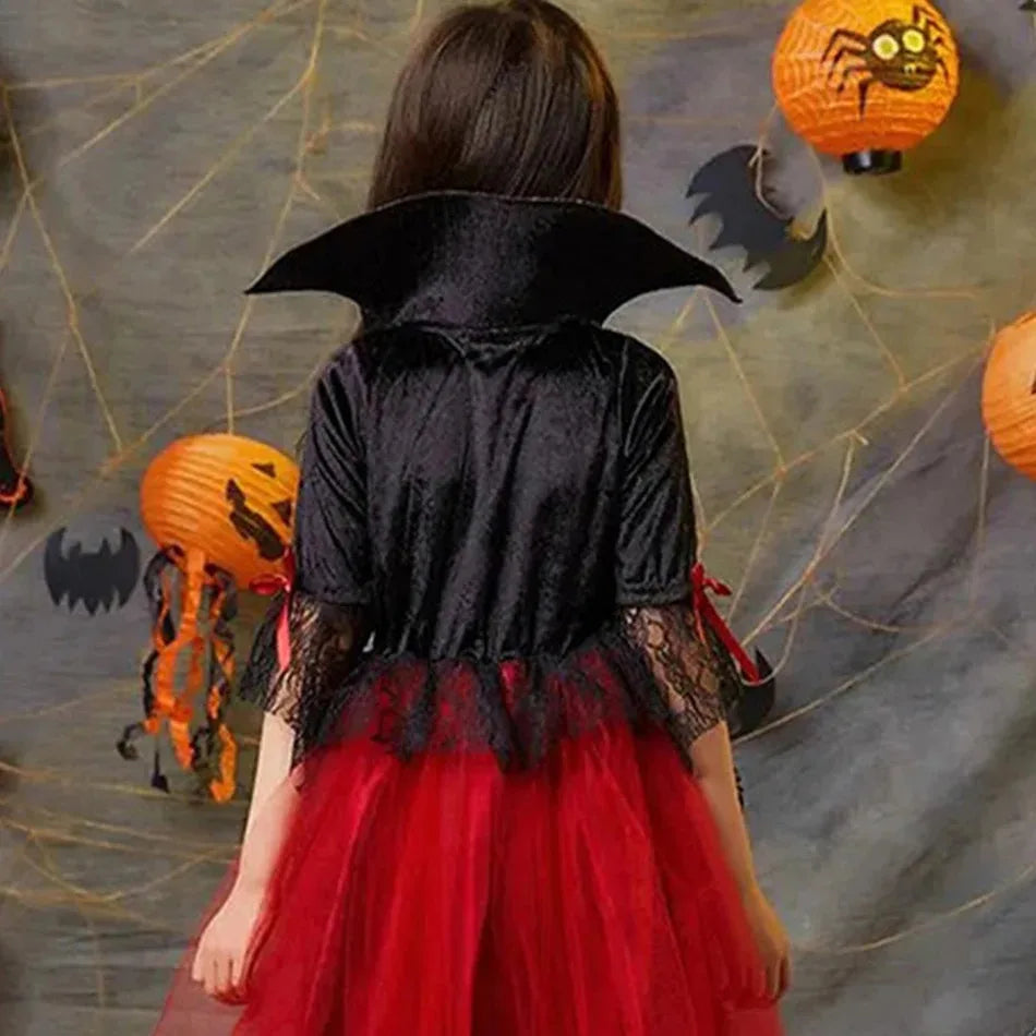 2024 Girls Cosplay Vampire Halloween Dress For Kids Ghost Bride Gothic Costume Count Vampiran Carnival Outfit Black Red Clothes - www.sixcolors.us