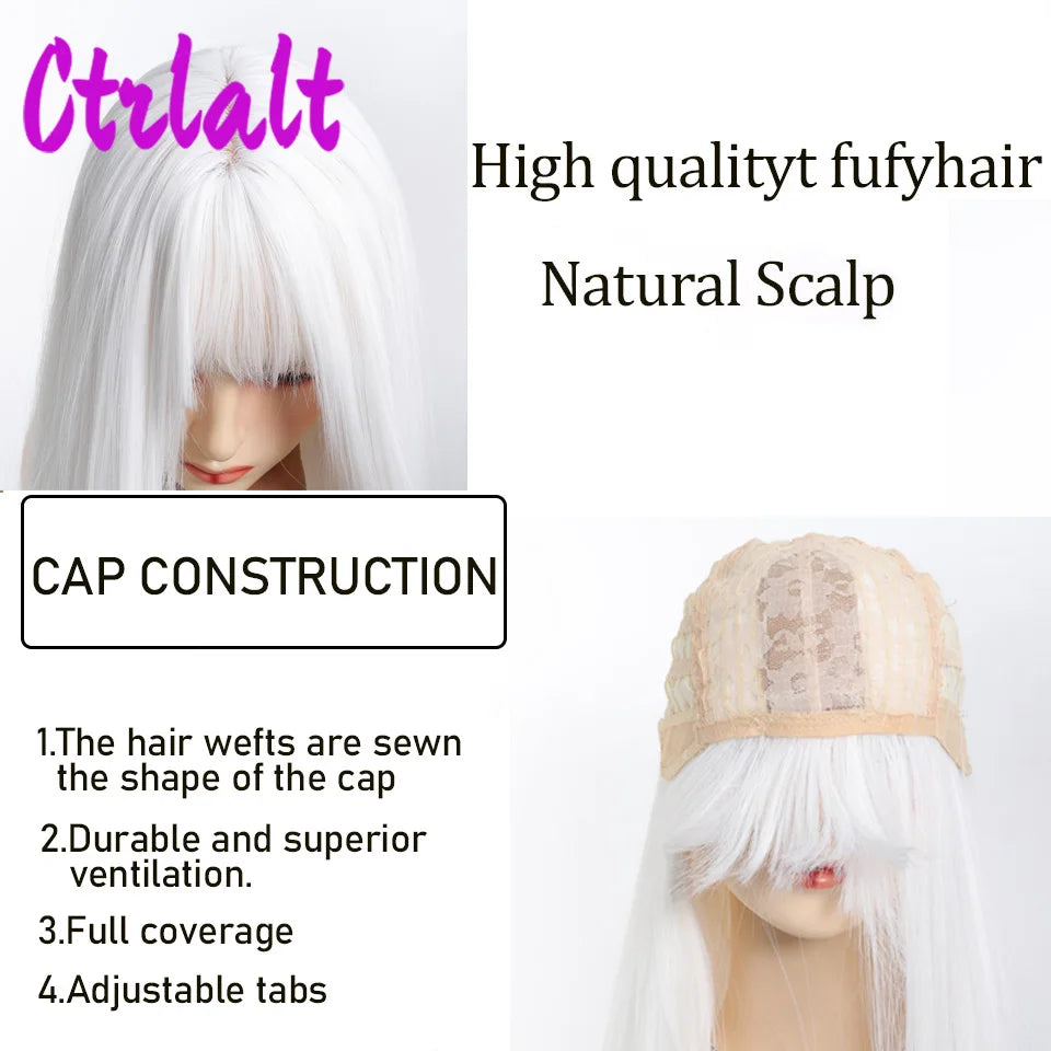 White Synthetic Long Straight Hair Women Wig Fluffy Lolita Cosplay Heat Resistant Wig with Bangs for Daily or Halloween - www.sixcolors.us
