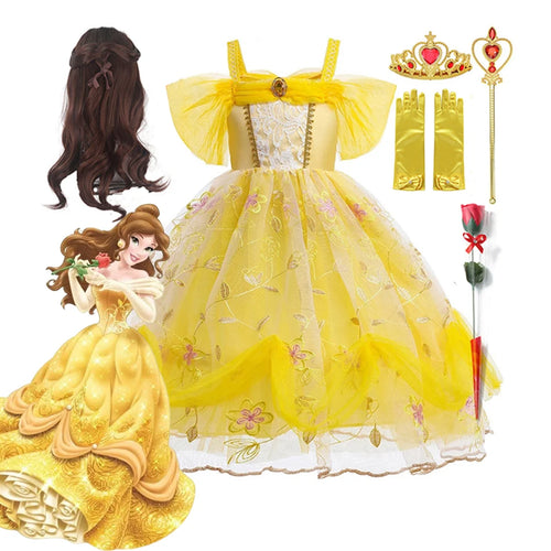 Disney Belle Princess Dress for Girl Kids Floral Ball Gown Child Cosplay Bella Beauty and The Beast Costume Halloween Party - www.sixcolors.us