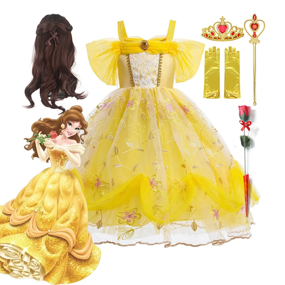 Disney Belle Princess Dress for Girl Kids Floral Ball Gown Child Cosplay Bella Beauty and The Beast Costume Halloween Party - www.sixcolors.us