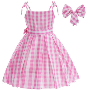 Movie Barbi Halloween Girls Cosplay Costume Party Bow Sleeveless Vintage Pink Plaid Dress Rose Street Punk Clothing Set 2-10Y - www.sixcolors.us