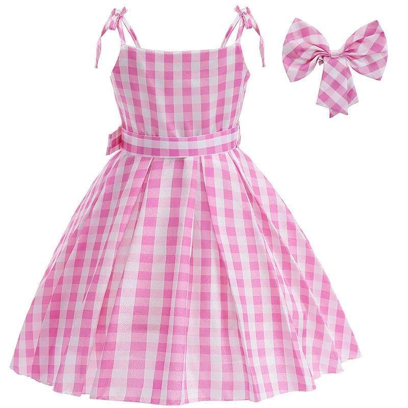 Movie Barbi Halloween Girls Cosplay Costume Party Bow Sleeveless Vintage Pink Plaid Dress Rose Street Punk Clothing Set 2-10Y - www.sixcolors.us