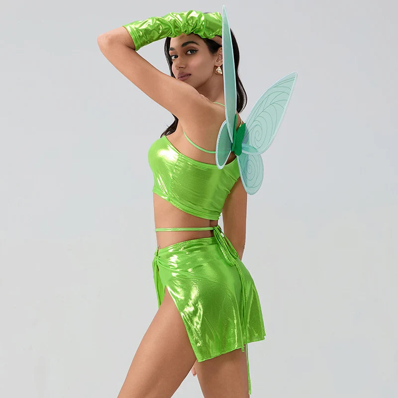 New Women Halloween Fairy Costume Deluxe Tank Tops Panty Skirt Arm Sleeves With Fairy Wings Cosplay Party Outfits S M L - www.sixcolors.us