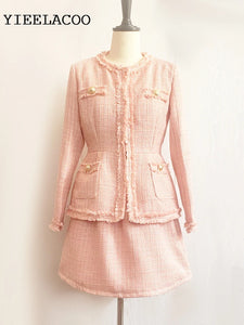 Pink Tweed jacket + Skirt Suit fashion slimming new Professional Set Women's Suit Autumn/Winter classic jacket 2-Piece Set