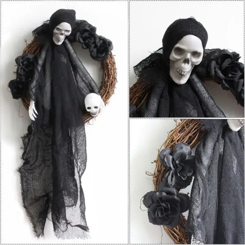 Halloween Hanging Decorative Skull Bride and Groom Wreath Scary Haunted House Prop for Indoor Outdoor Holiday Ornaments - www.sixcolors.us