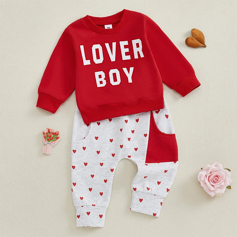 Baby Boy Valentine’s Day Outfits Long Sleeve Sweatshirt Heart Print Pants Set Toddler Clothes