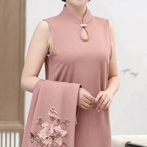 Women Dress Coat Suit Spring Fall Middle-age Ladies Female Open Front Long Cardigan O Neck Sleeveless Overcoat Jacket Dress Kit
