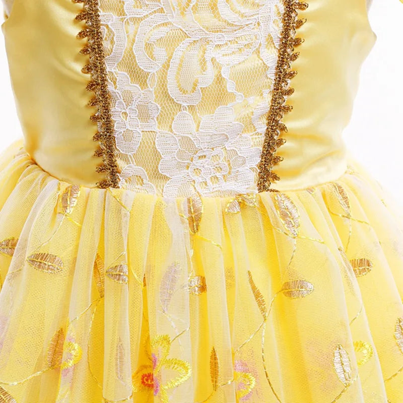 Disney Belle Princess Dress for Girl Kids Floral Ball Gown Child Cosplay Bella Beauty and The Beast Costume Halloween Party - www.sixcolors.us