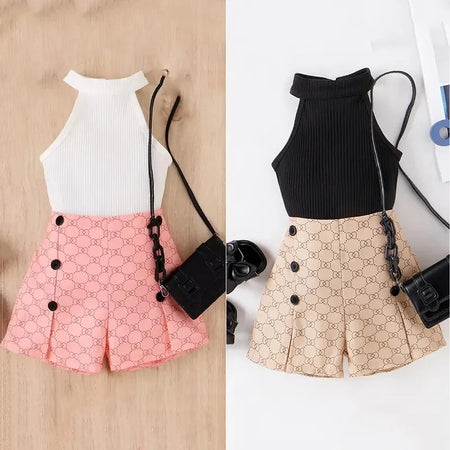 Summer Baby Girl Clothes Halterneck Top Button s Shorts 2023 New Toddler 4-7 Year Old 2 Piece Sets Kids