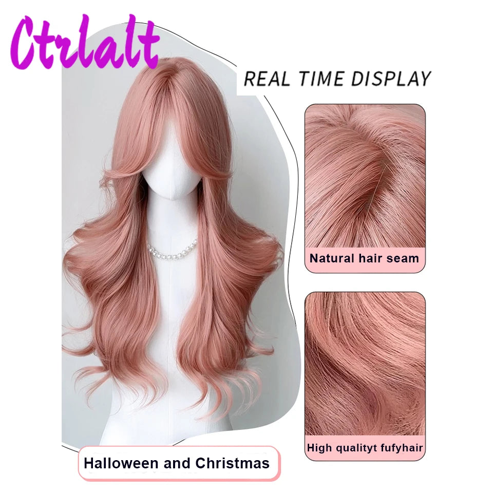 Long Wavy Pink Cosplay Synthetic Wigs Lolita Halloween With Bangs for Women Party Dailly Heat Resistant Wig - www.sixcolors.us
