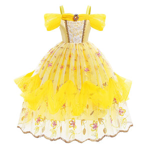 Disney Belle Princess Dress for Girl Kids Floral Ball Gown Child Cosplay Bella Beauty and The Beast Costume Halloween Party - www.sixcolors.us