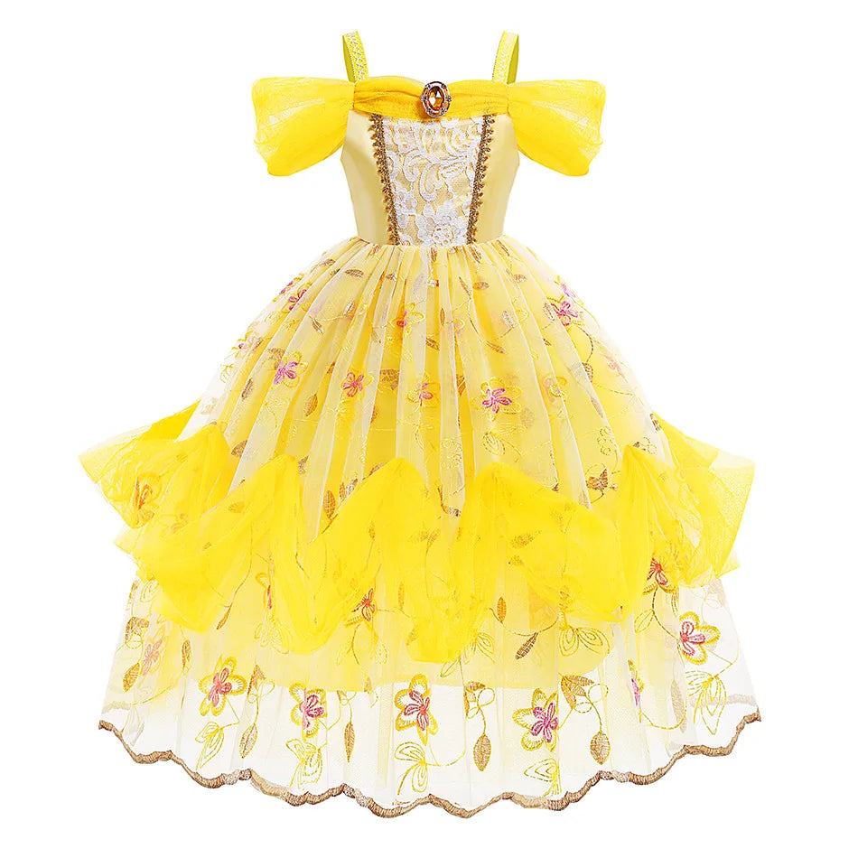 Disney Belle Princess Dress for Girl Kids Floral Ball Gown Child Cosplay Bella Beauty and The Beast Costume Halloween Party - www.sixcolors.us