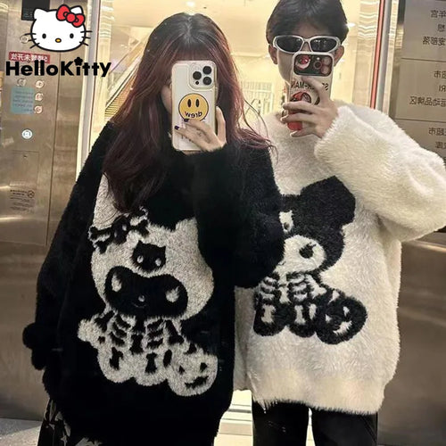 Sanrio Kuromi Halloween Style Knitted Sweater Couple Autumn Winter New Loose Knitwear Skull Decoration Cartoon Clothing Y2k Tops - www.sixcolors.us