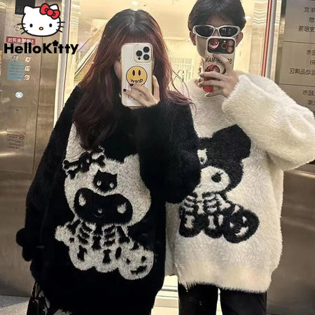 Sanrio Kuromi Halloween Style Knitted Sweater Couple Autumn Winter New Loose Knitwear Skull Decoration Cartoon Clothing Y2k Tops - www.sixcolors.us