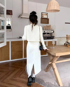 Fashion Two Piece Sets Womens Outfits Plaid Tweed Blazer Female Long Sleeve Jacket and Skirt Set