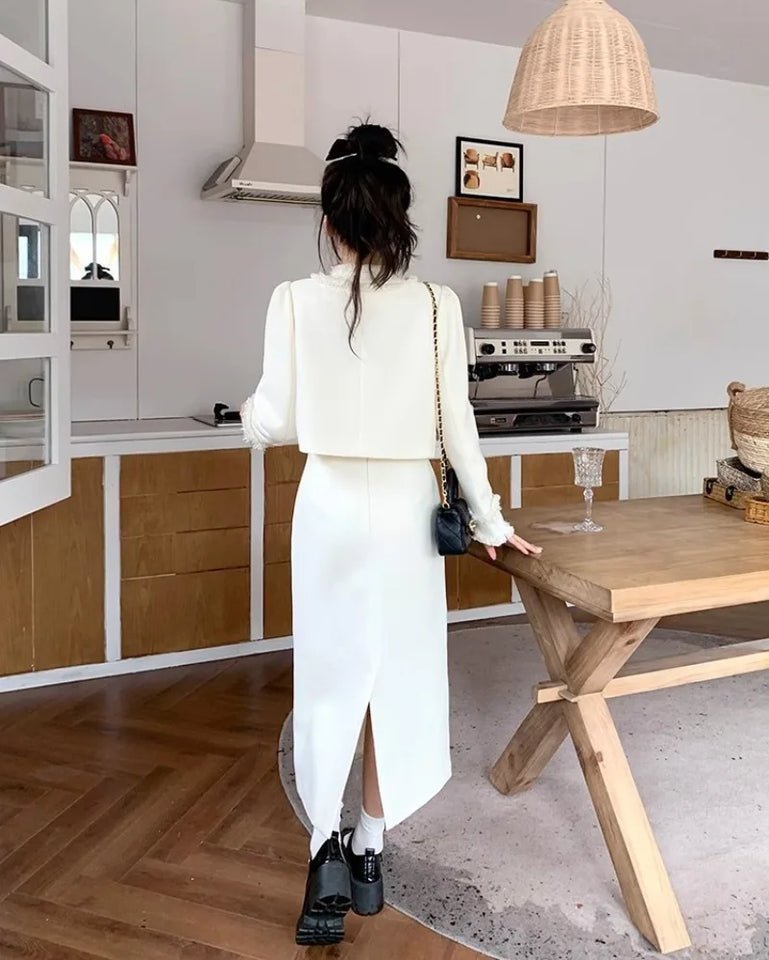 Fashion Two Piece Sets Womens Outfits Plaid Tweed Blazer Female Long Sleeve Jacket and Skirt Set