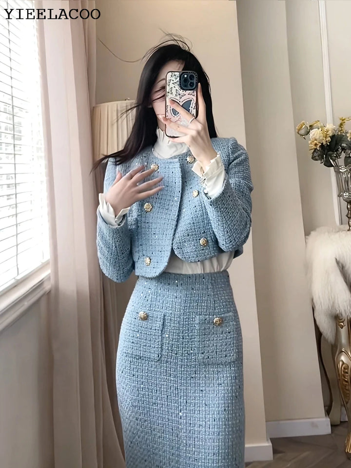 BlueTweed jacket + Skirt Sets fashion Professional Set slimming new Women's Suit Autumn/Winter White 2-Piece Set