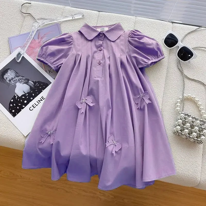 summer A-line baby girls dress princess short sleeve bow patch puff sleeve kids clothes Korean open back vestidos 4 to 16 years