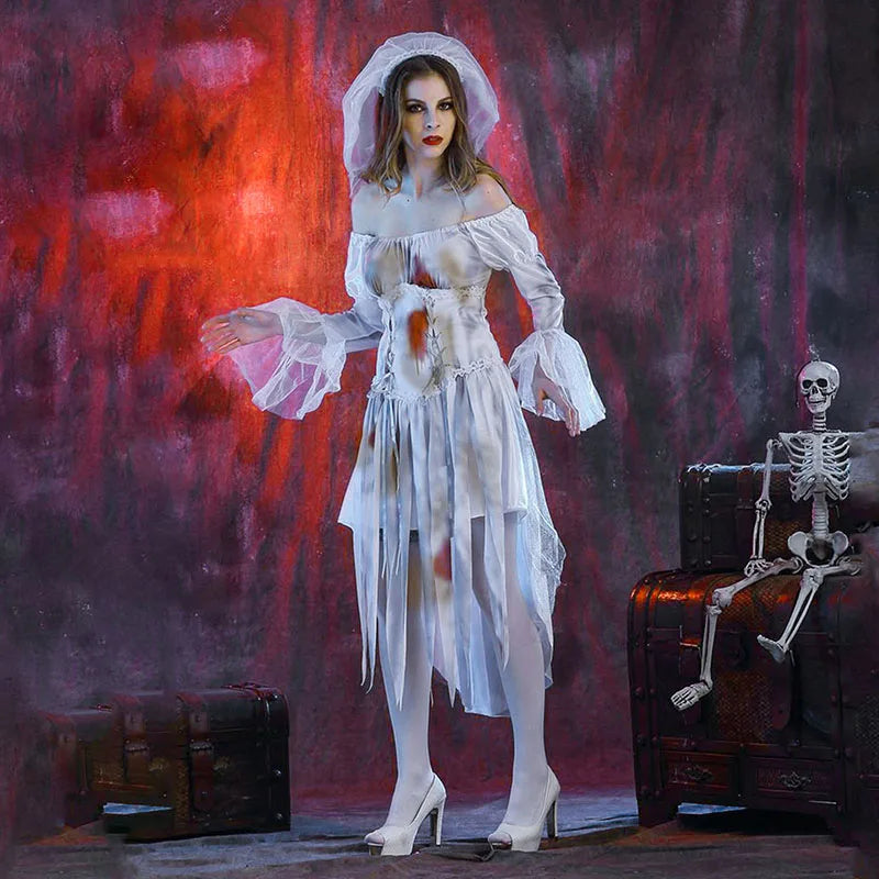 Halloween Cosplay Terrorist Bride Costumes for Women Gothic Victorian Bloody Off Shoulder Long Sleeve Dress Outfits for Party - www.sixcolors.us