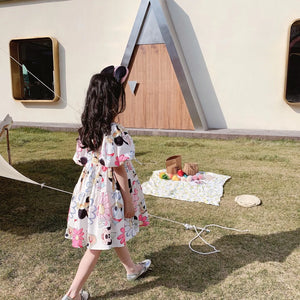 2024 Mickey Minnie Mouse Korean Style Daisy Cartoon Puff Sleeve Clothes Summer Baby Girls Casual Dress Kids Backless Dress 2-8Y