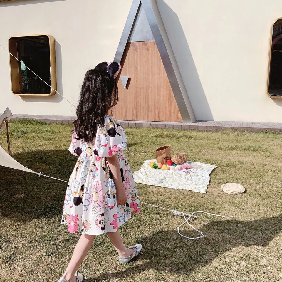 2024 Mickey Minnie Mouse Korean Style Daisy Cartoon Puff Sleeve Clothes Summer Baby Girls Casual Dress Kids Backless Dress 2-8Y