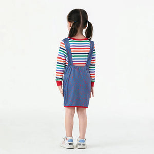 Party Halloween Creepy Killer Doll Costume for Women/Girl Rainbow Stripe Print Long Sleeve Tops with Suspender Dress 2 Pcs Set - www.sixcolors.us