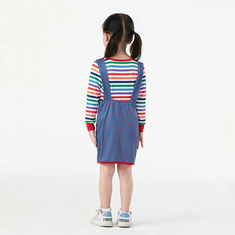 Party Halloween Creepy Killer Doll Costume for Women/Girl Rainbow Stripe Print Long Sleeve Tops with Suspender Dress 2 Pcs Set - www.sixcolors.us
