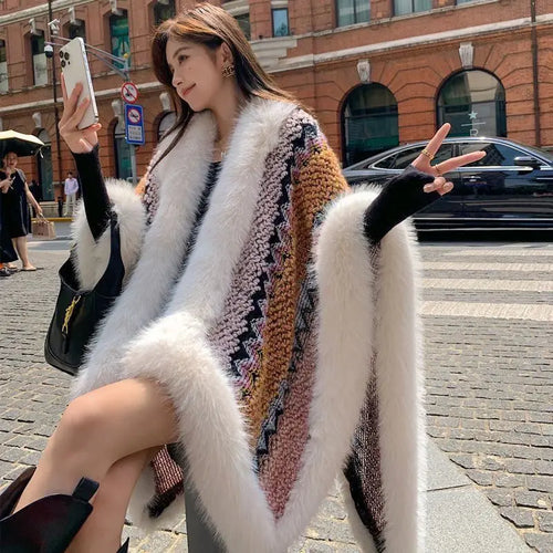 Vintage Fashion warm Faux Rex Rabbit Fur Cape Shawl Long Knit Poncho Coat Wraps Fur Pashmina Cloak Women Winter New Capes Q403