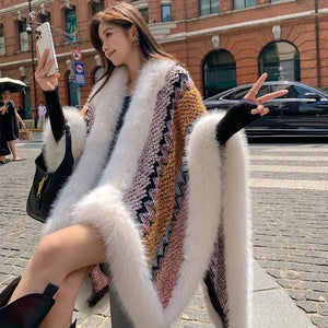 Vintage Fashion warm Faux Rex Rabbit Fur Cape Shawl Long Knit Poncho Coat Wraps Fur Pashmina Cloak Women Winter New Capes Q403