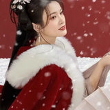 Long Cloak Hanfu Women's Antique Velvet Thickened Large Fur Collar Hooded Jacket Chinese Style Winter Cape E2624