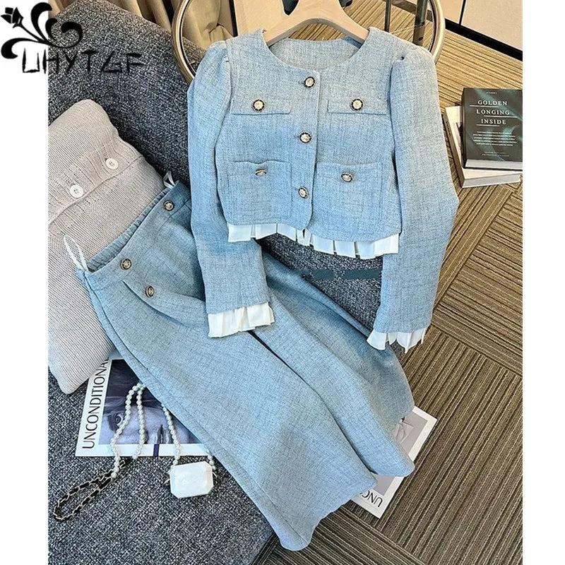 Women's Blue Long Suit Coat Mini Skirts Outfits Korean Spring Autumn New Tweed Short Jacket High Waist Half Skirt Two Piece Sets