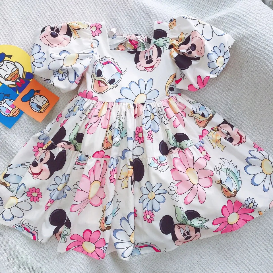 2024 Mickey Minnie Mouse Korean Style Daisy Cartoon Puff Sleeve Clothes Summer Baby Girls Casual Dress Kids Backless Dress 2-8Y