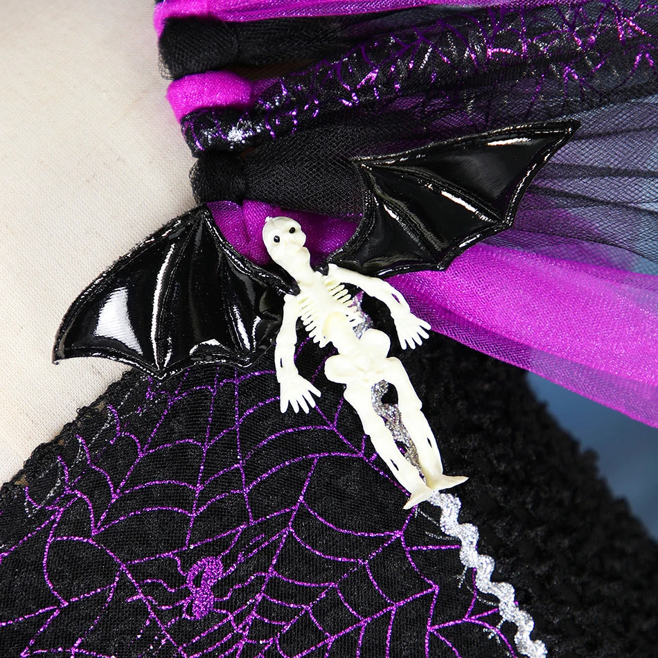 Girls Halloween Disguise Witch Costume Kid Tutu Trailing Dress Kids Carnival Cosplay Party Outfit Spider Web Design Mesh Clothes - www.sixcolors.us