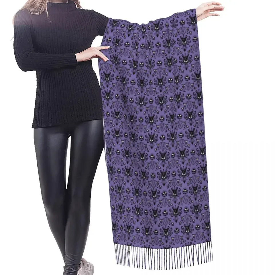 Ladies Large Halloween Ghost Happy Haunts Versatile Scarves Women Winter Fall Soft Warm Tassel Shawl Wraps Haunted Mansion Scarf - www.sixcolors.us