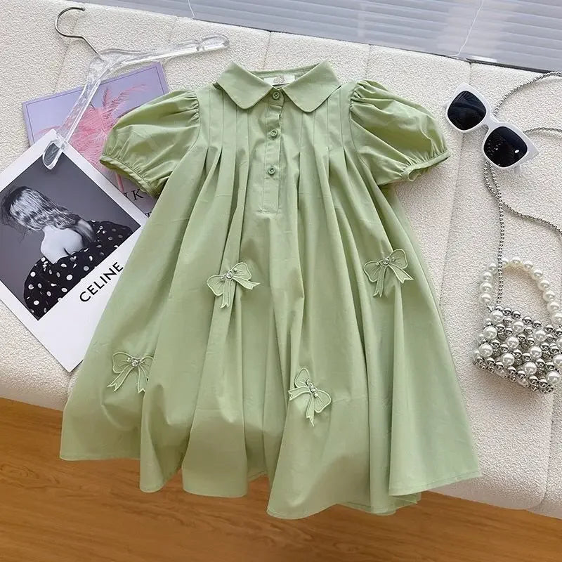 summer A-line baby girls dress princess short sleeve bow patch puff sleeve kids clothes Korean open back vestidos 4 to 16 years
